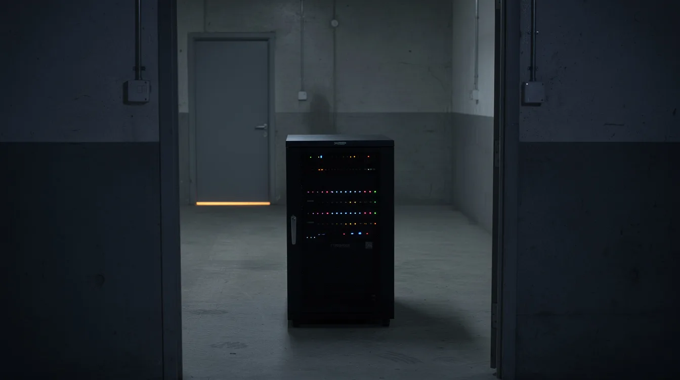 A lone server cabinet in the utility room of another building at night, its status lights the only illumination
