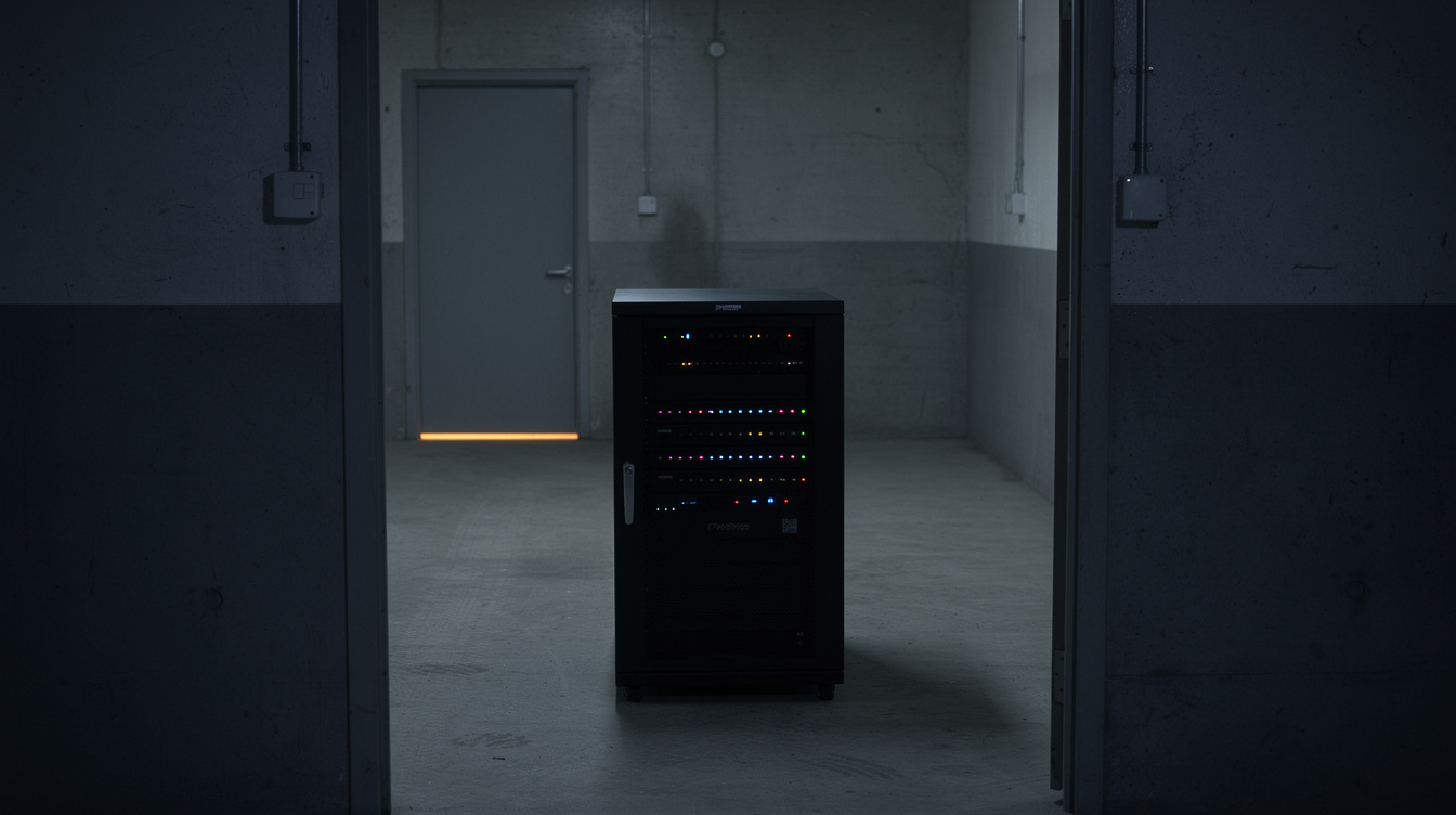 A lone server cabinet in the utility room of another building at night, its status lights the only illumination
