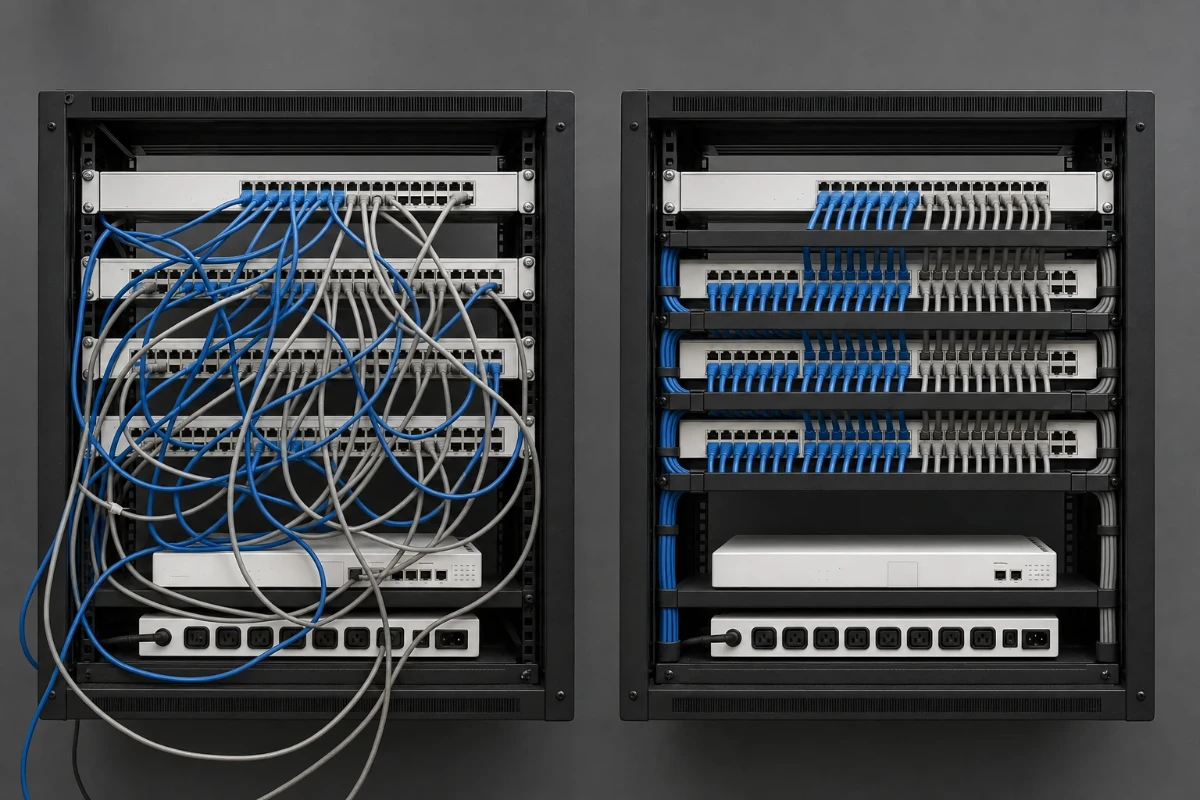The same server cabinet twice: on the left the patch cables are a tangle, on the right the identical cabinet with the cables combed and managed