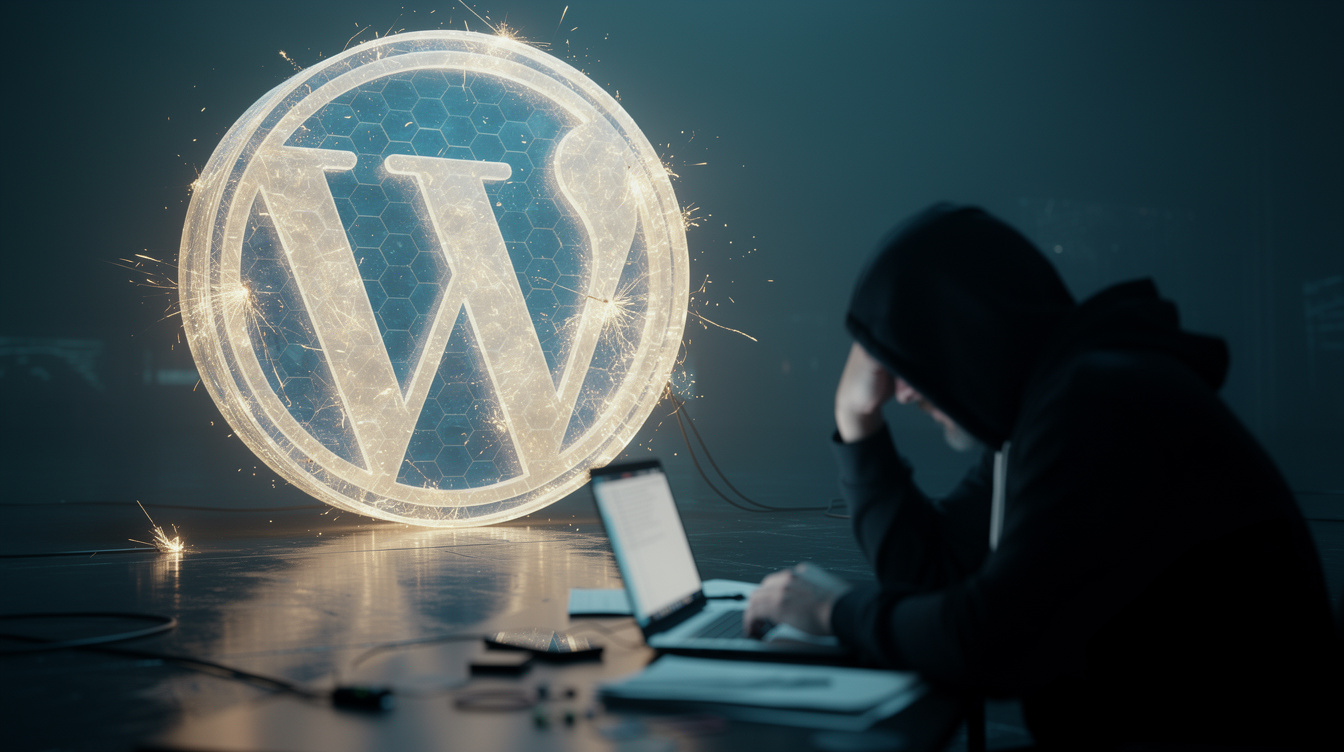 A glowing WordPress logo protected by a security shield while a frustrated hacker gives up